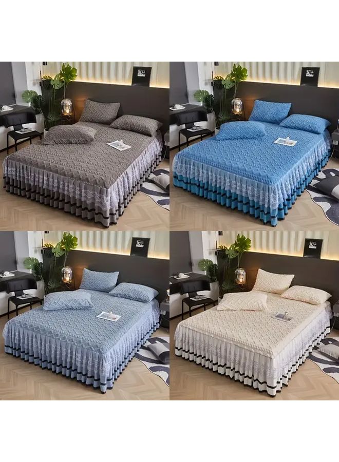 Grey Lace Bed Skirt Set With 2 Pillowcases 78x80 Inch Luxury Anti Slip Bedding - Image 1